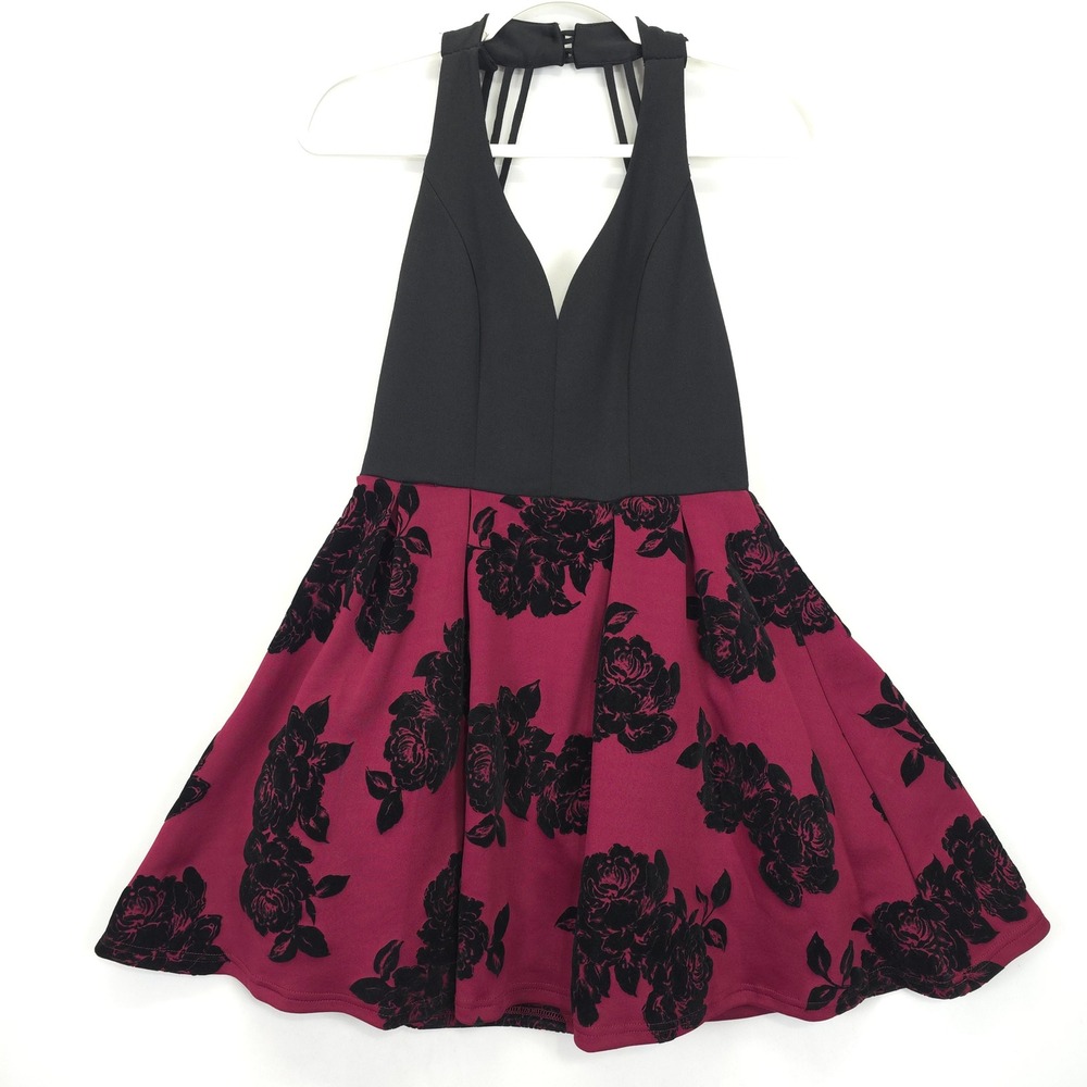 Star Vixen Halter Fit‎ & Flare Dress Black Maroon Floral Velvet Flocked Skater 5